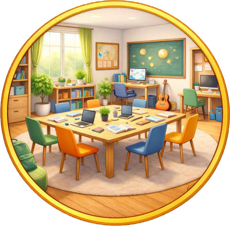 A vibrant, well-organized classroom with a large central table, colorful chairs, and laptops, illustrating a fun and collaborative learning environment for homeschooling pods.